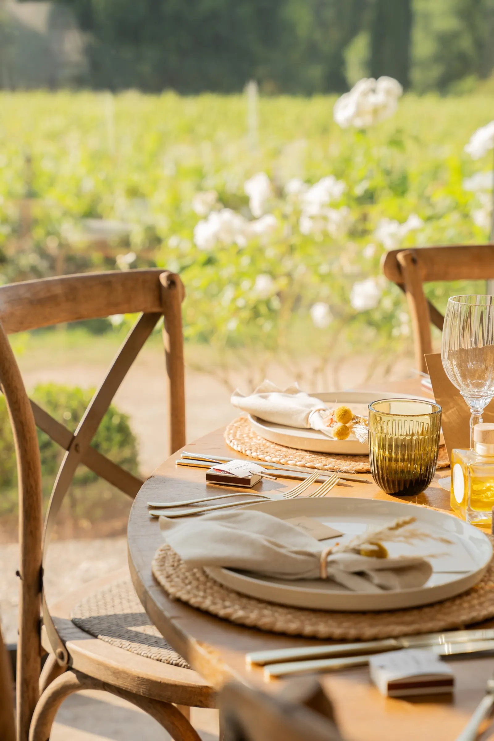 Table dressée face aux vignes du domaine